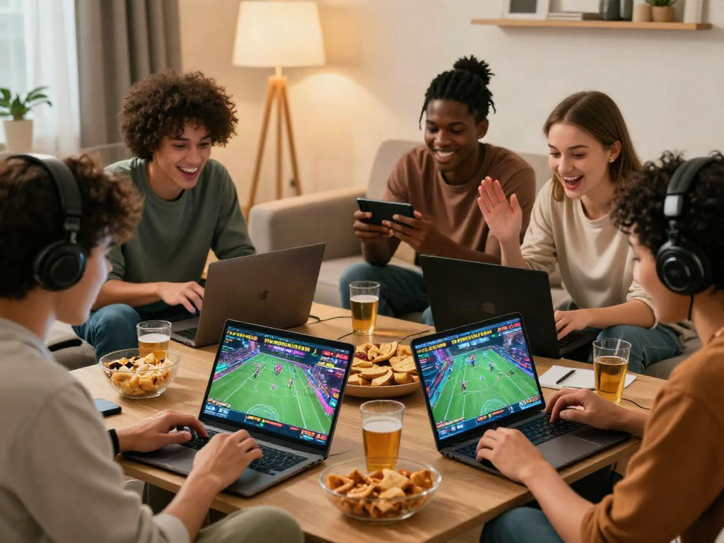 Friends engaged in online betting at home, showcasing the excitement of 9bet.
