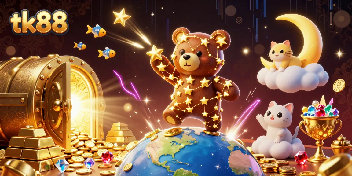 tk88 players explore wealth with a 3D constellation bear and treasures in this vibrant casino scene