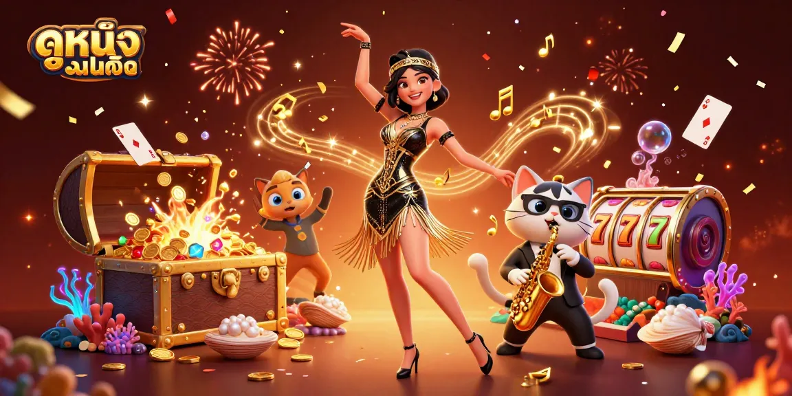 Engage with ดูหนังออนไลน์ showcasing vibrant characters in a casino-themed digital illustration.