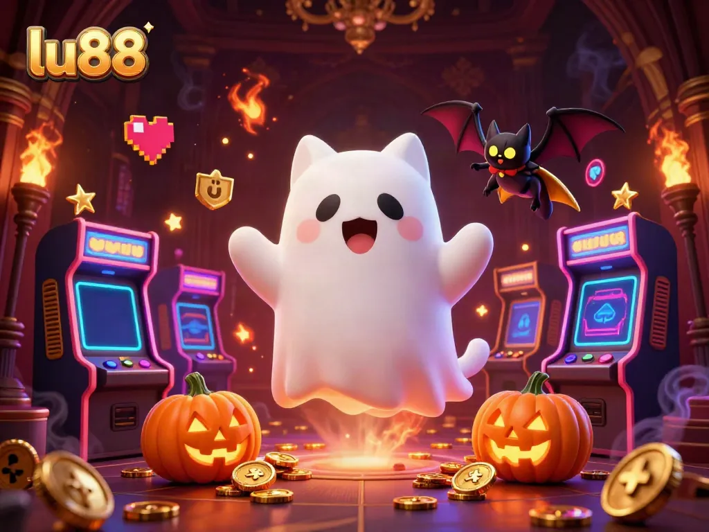 Engage in exciting gaming adventures at lu88 with a vibrant ghost cat and dynamic casino backdrop.