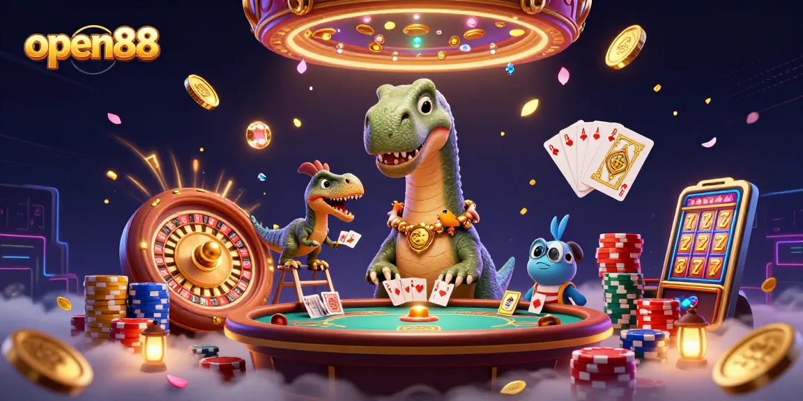 Join the fun at open88 with a cartoon brontosaurus and raptor dealer in a lively casino scene.