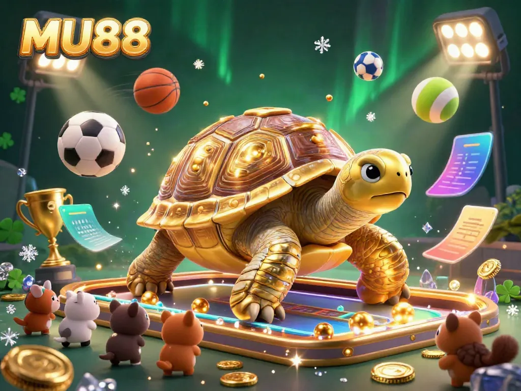 Experience the thrill of MU88 with a dynamic 3D scene featuring a golden tortoise and exciting sports betting elements.