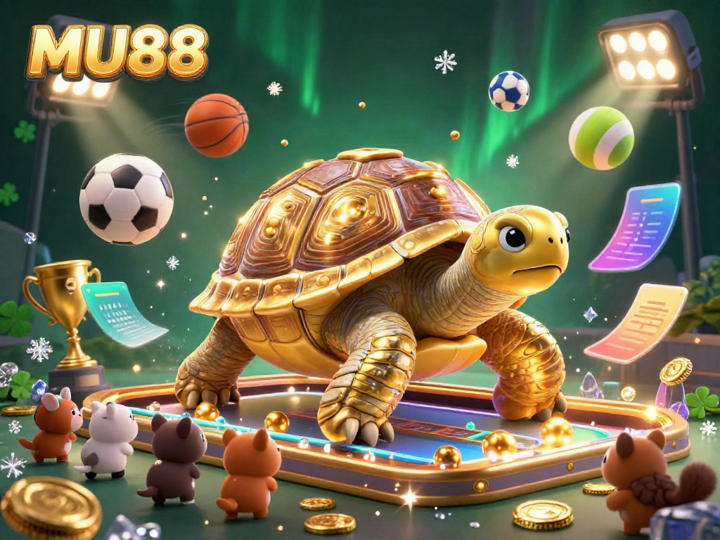 Experience the thrill of MU88 with a dynamic 3D scene featuring a golden tortoise and exciting sports betting elements.