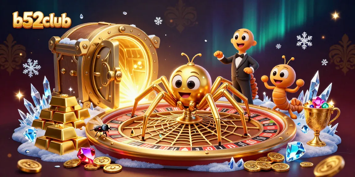 Experience the thrills of b52club with a 3D scene featuring a golden spider and engaging casino elements.