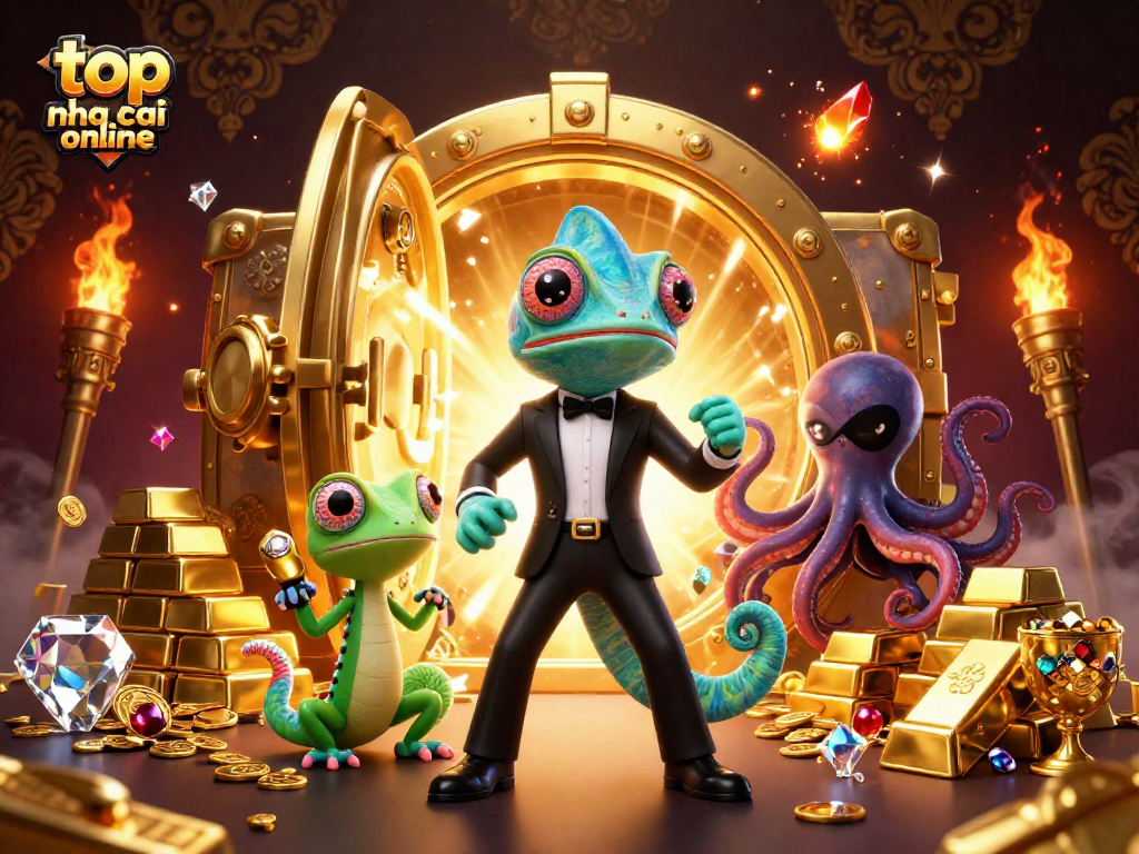 Engage with top nha cai online featuring vibrant 3D illustration of colorful characters around dazzling casino elements.