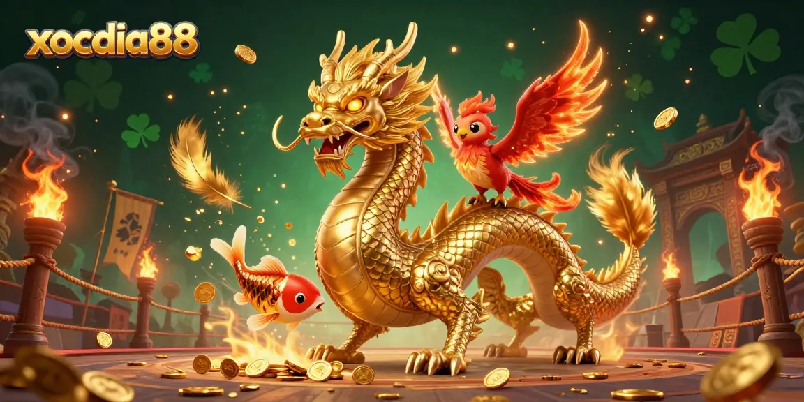 Experience exciting gameplay at xocdia88 with a golden dragon, phoenix, and koi at an immersive online casino.