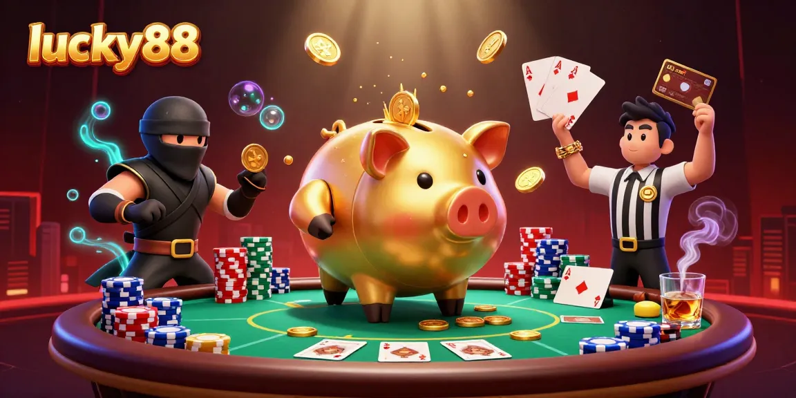 Witness the lucky88 character showdown with vibrant casino elements and golden coins in action!
