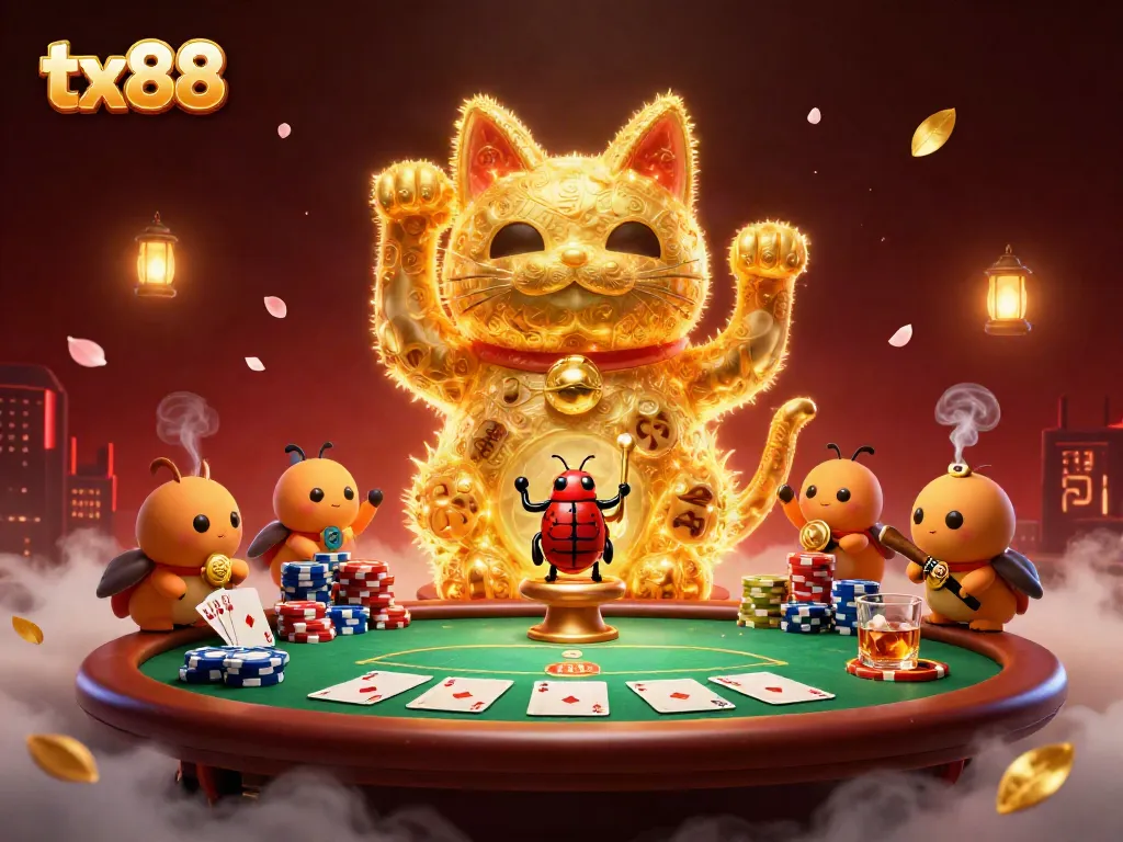 Experience the excitement of tx88 with a whimsical cat-shaped constellation of fireflies in a vibrant casino scene.