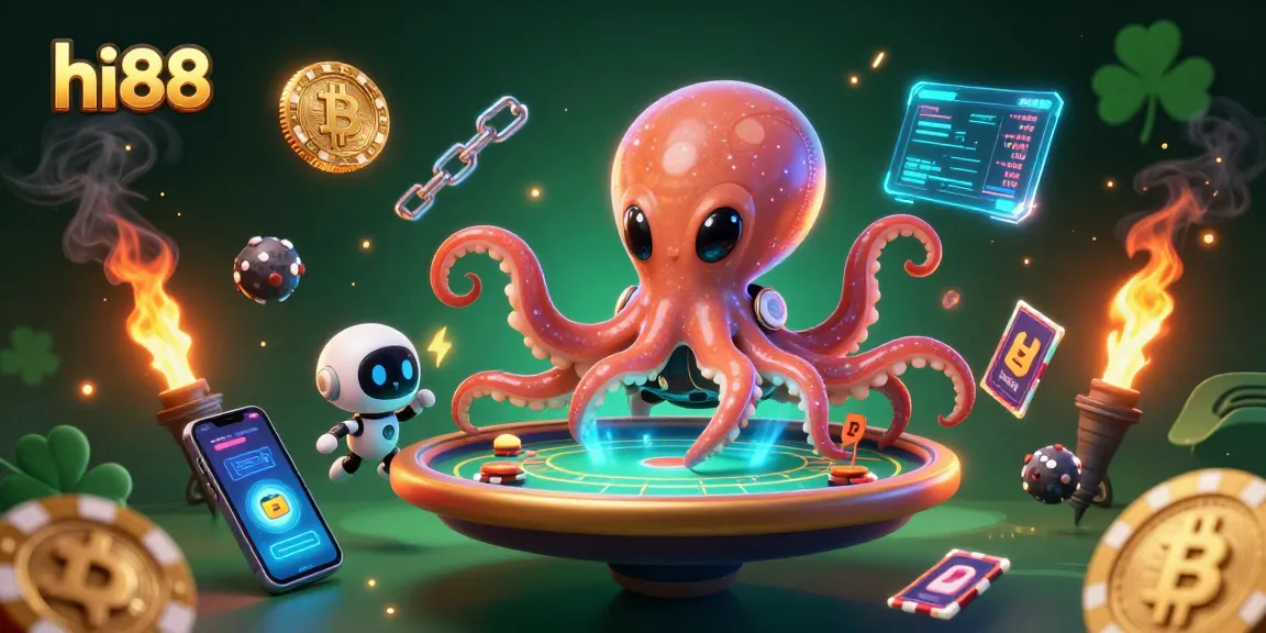 Experience the thrill of gambling with hi88 as an alien octopus plays poker amidst glowing crypto elements