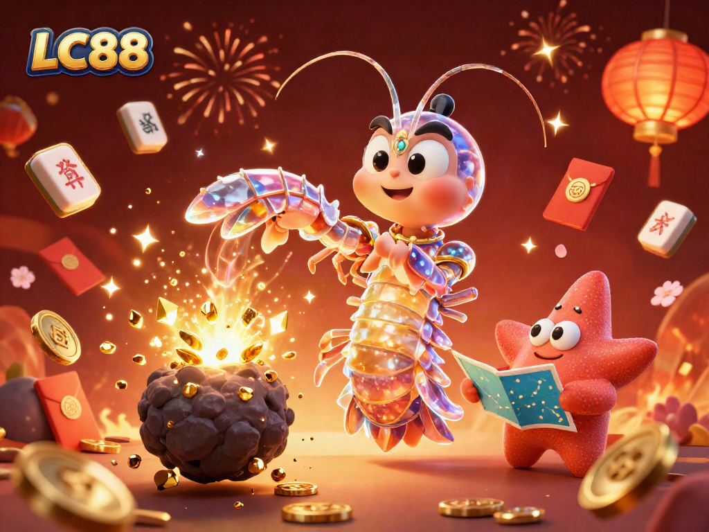 Experience the excitement of LC88 with a galactic samurai mantis shrimp amidst confetti and treasure.