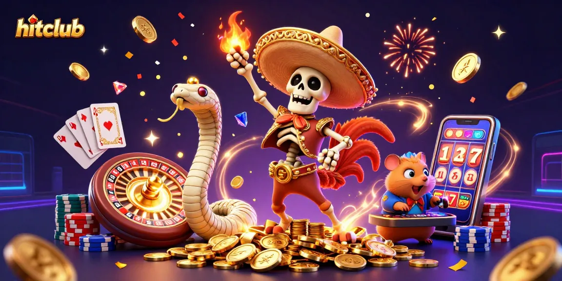 Hitclub's vibrant casino celebration features a cartoon skeleton mariachi rooster dancing on gold coins.