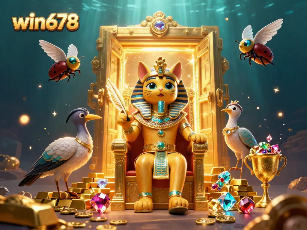 Experience the thrill of win678 with a vibrant 3D scene featuring a pharaoh cat amidst golden treasures.