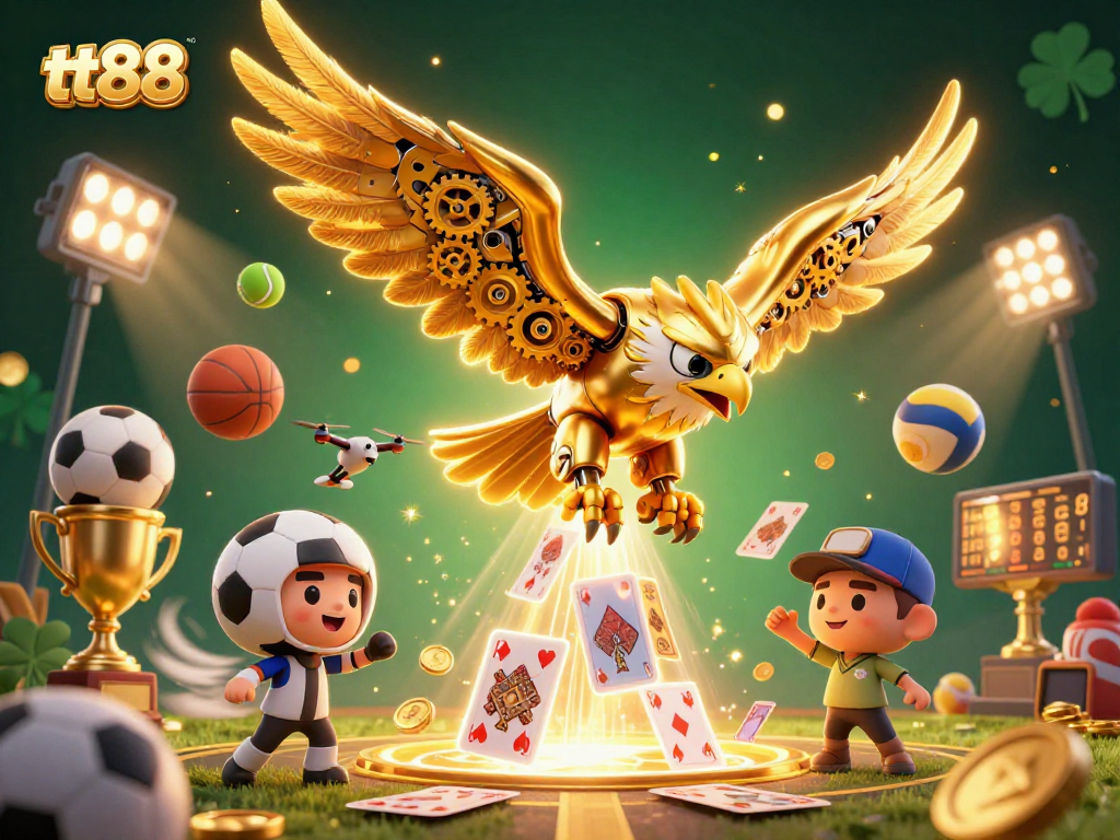 Experience thrilling gameplay with tt88 as a cybernetic eagle dives through holographic cards amidst dynamic sports elements.