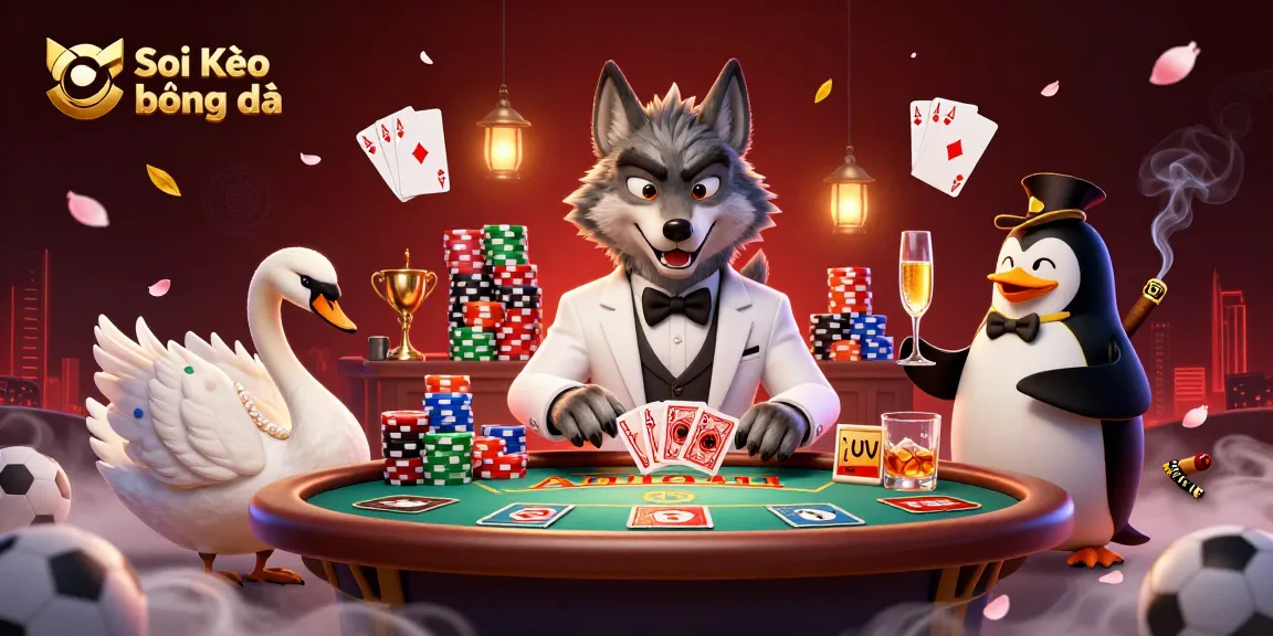 Soi Kèo bóng đá scene with a cartoon wolf, swan, and penguin engaging in sports betting.