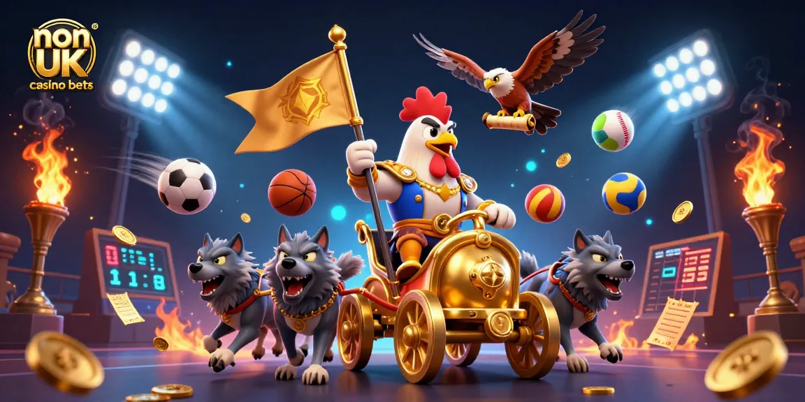 Engaging illustration of non UK casino bets featuring a rooster warlord, sports elements, and dynamic action.