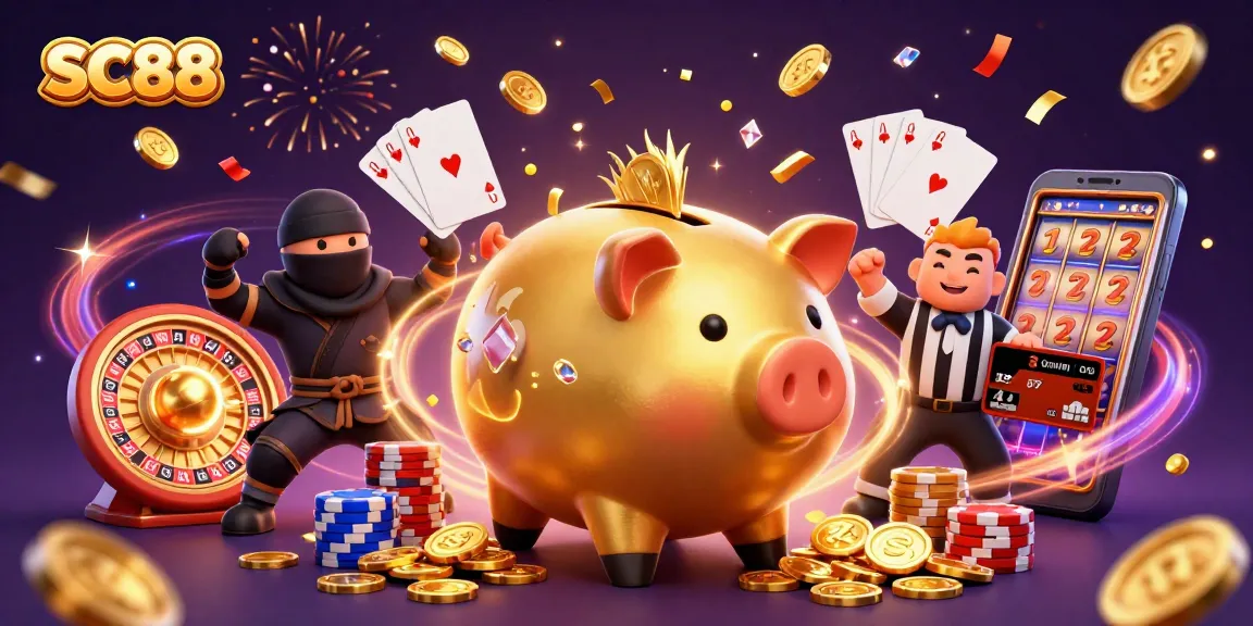 Experience excitement with SC88 as a golden piggy bank sumo wrestler shakes loose coins in a dynamic casino scene.