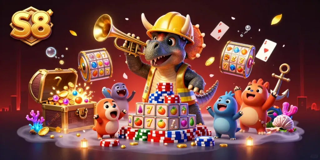 S8 mascot characters celebrating with poker chips and slot reels, showcasing a vibrant casino scene