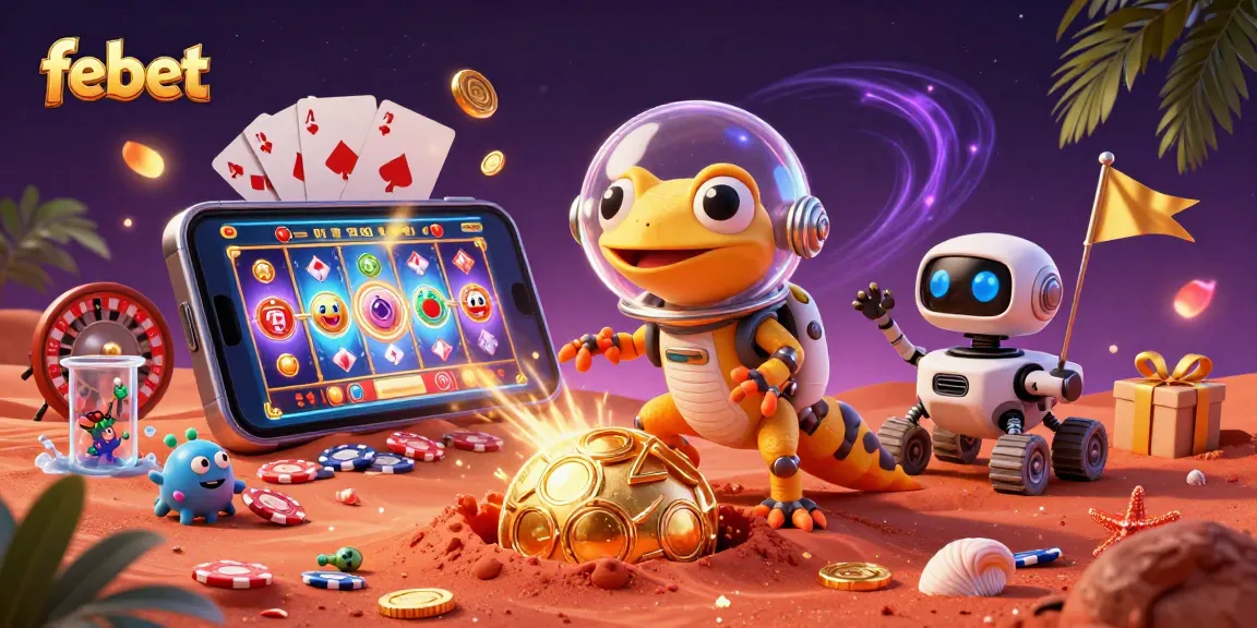 Experience thrilling gameplay at Febet with golden coins and vibrant slot games exploding in a dynamic 3D casino.