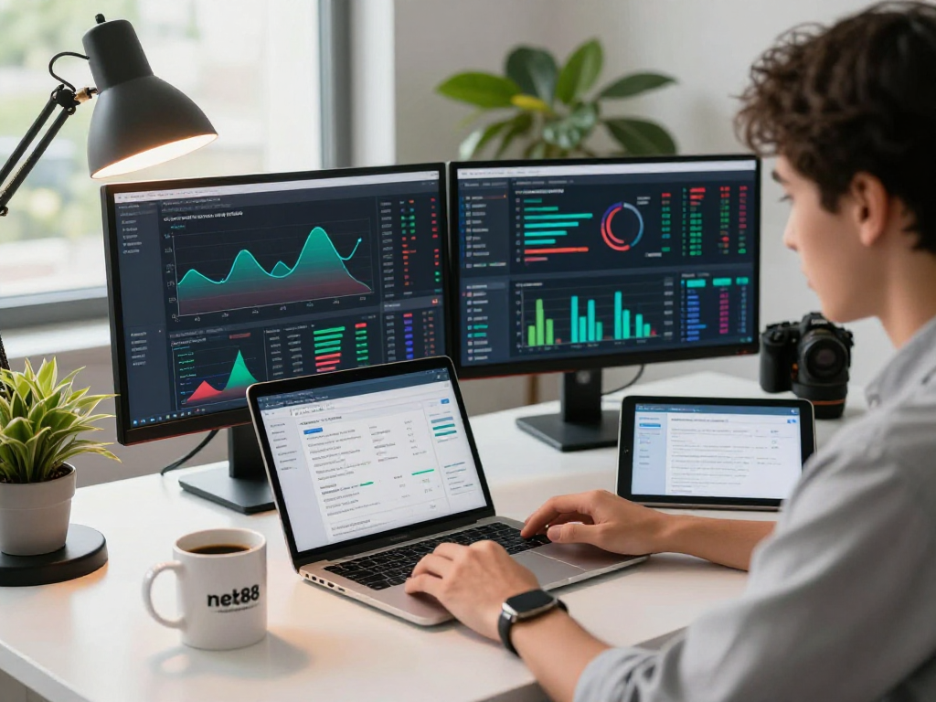 Digital marketing workspace showcasing net88 analytics tools on modern desk with vibrant plants and laptops.