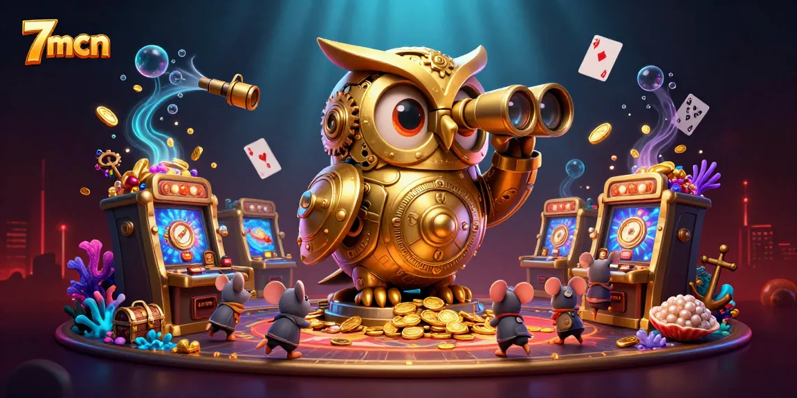 Engage with 7mcn in this vibrant casino scene featuring a clockwork golden owl and animated mouse patrons.