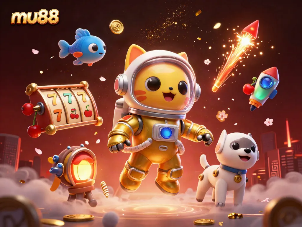 Enjoy exciting spins at mu88 with a vibrant online casino scene featuring a cat astronaut!