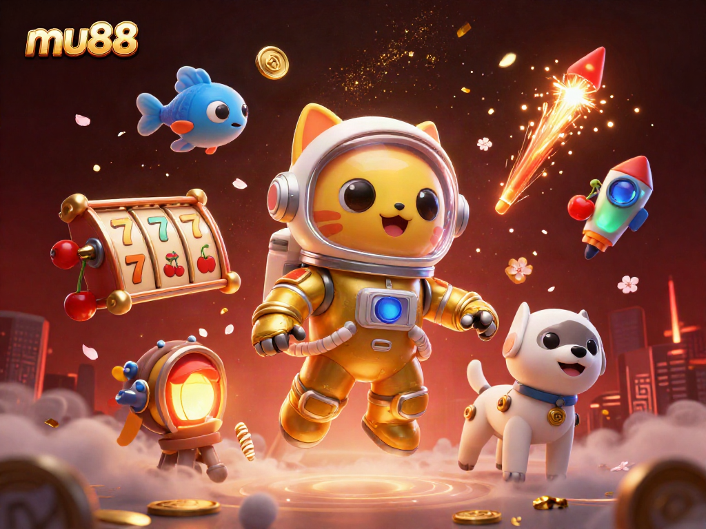 Enjoy exciting spins at mu88 with a vibrant online casino scene featuring a cat astronaut!