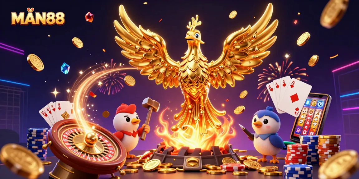 Experience the thrill of MAN88 gaming with a golden phoenix amid dazzling casino elements.