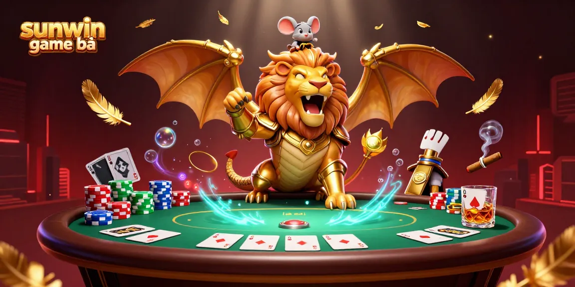 Experience the thrilling sunwin game bài with a vibrant casino scene of a chimera and poker elements.