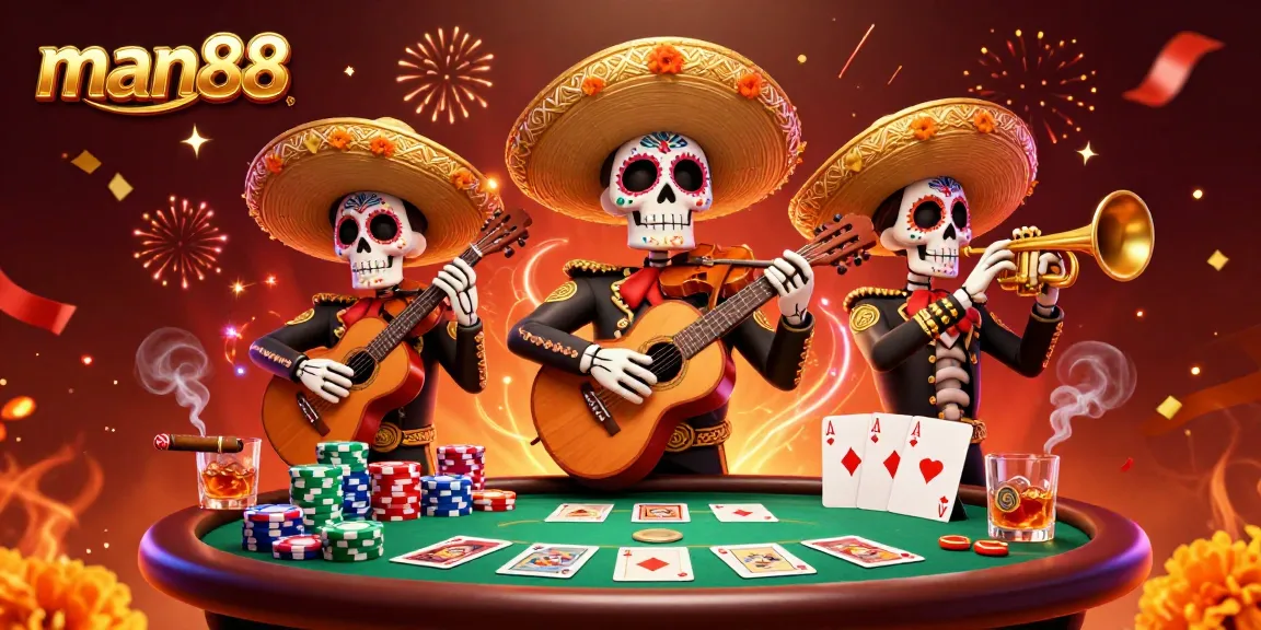 man88 players enjoying poker with a vibrant Day of the Dead inspired mariachi band