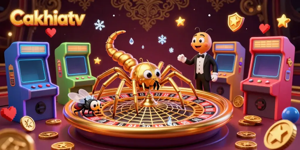 Experience Cakhiatv's immersive 3D world, featuring a golden spider betting at a roulette wheel.