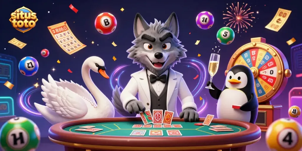 Engage in the exciting world of situs toto with a lively casino scene featuring characters and colorful gaming elements.