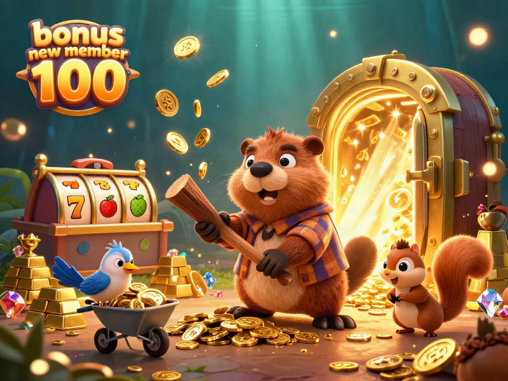 Illustration featuring characters and elements for the bonus new member 100 promotion, showcasing vibrant casino imagery.
