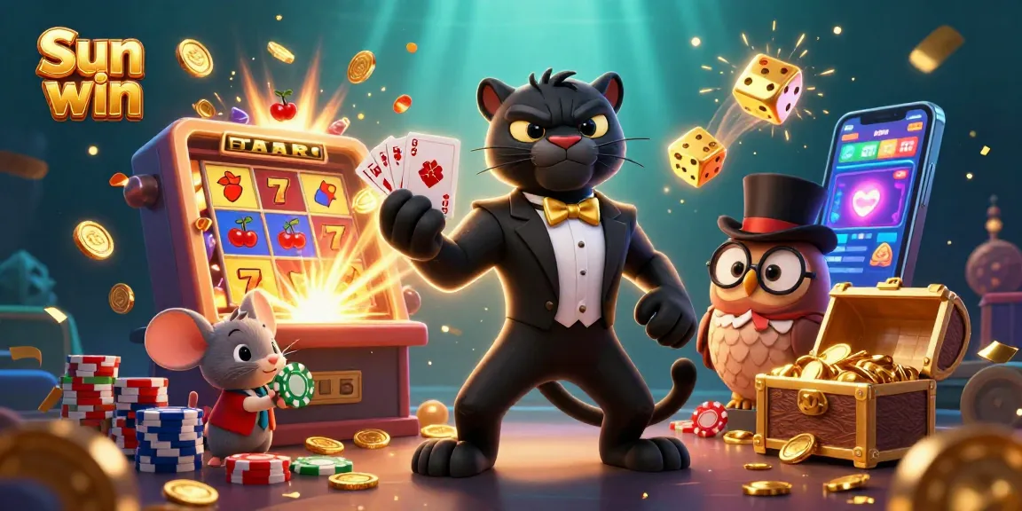 Engage with Sun win through thrilling gameplay as a stylish panther deals cards surrounded by vibrant casino elements.