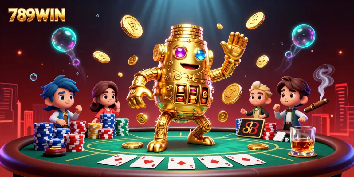 Immerse yourself in 789WIN's vibrant casino scene featuring a golden golem and poker elements.