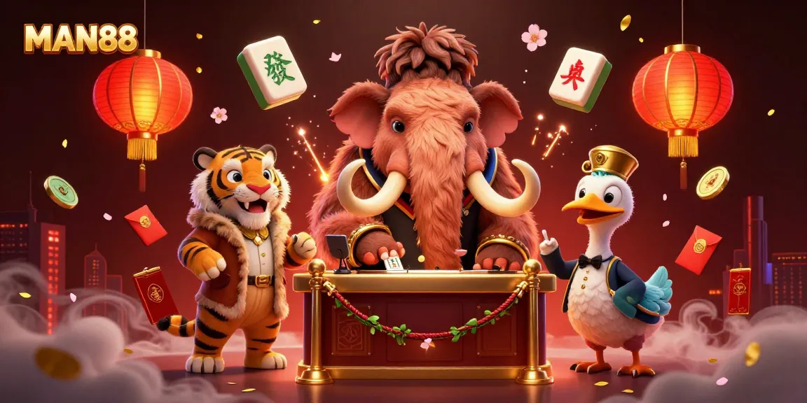 Engage with MAN88's vibrant casino scene featuring a woolly mammoth bouncer and tiger guest.