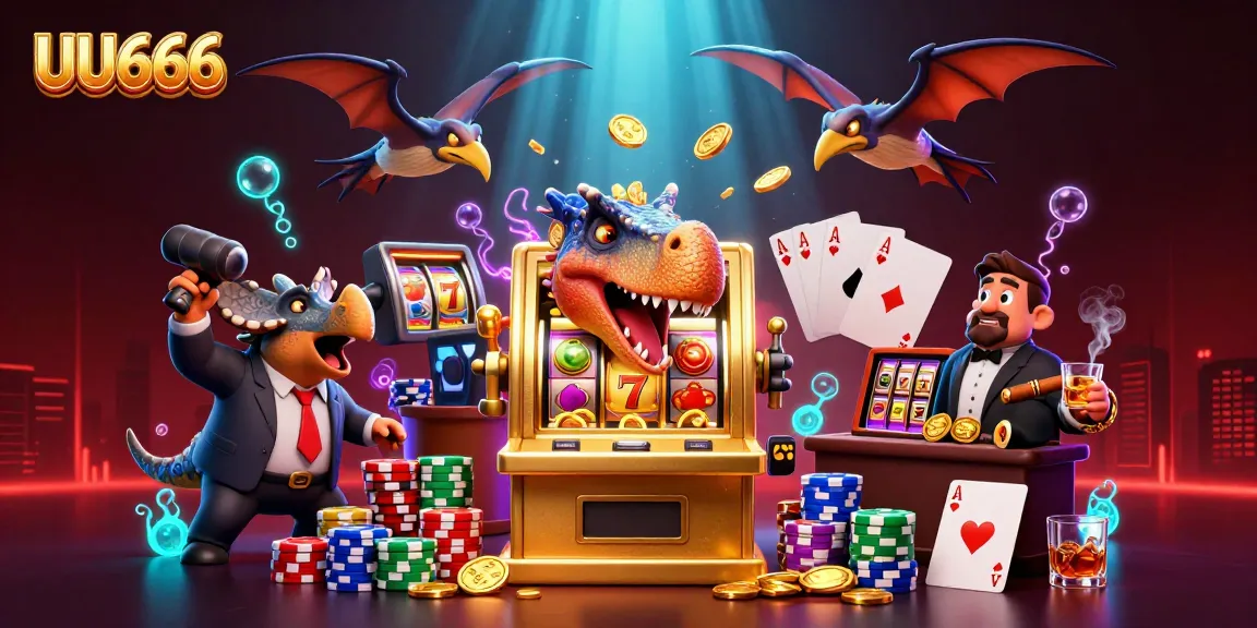 UU666 slots scene with cartoon dinosaurs, a golden machine, and jackpot coins flying.