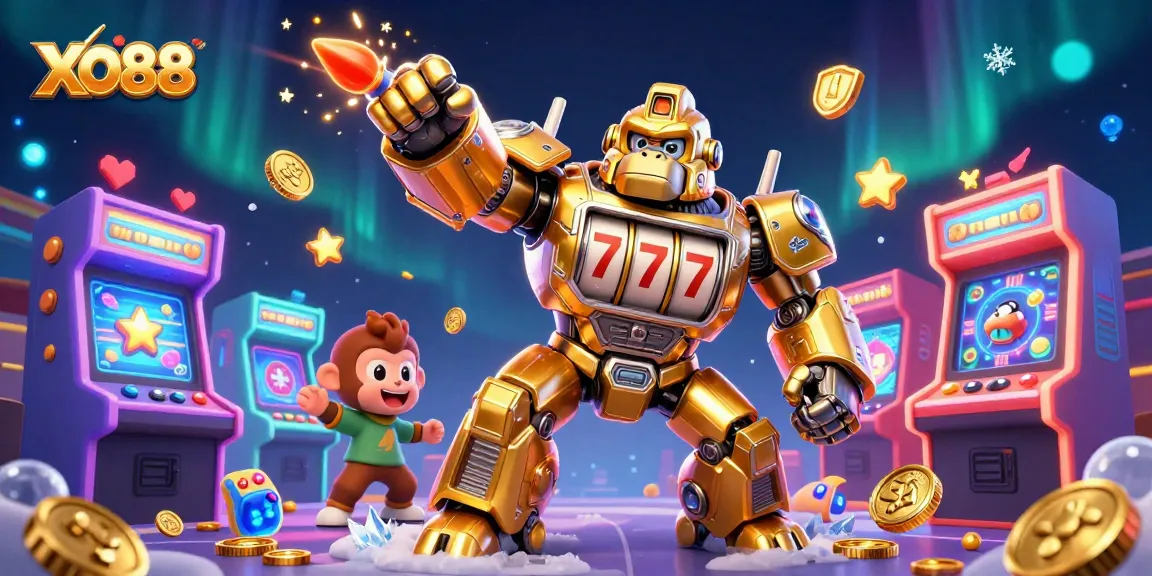 Engage with thrilling gaming at XO88 featuring a golden gorilla mech and arcade action.