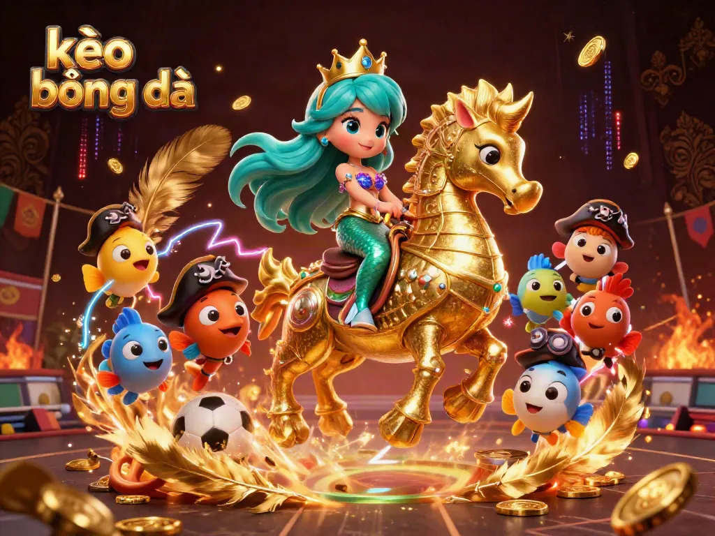 Experience the excitement of kèo bóng đá through a vibrant scene featuring a mermaid princess on a seahorse amidst sports betting elements.