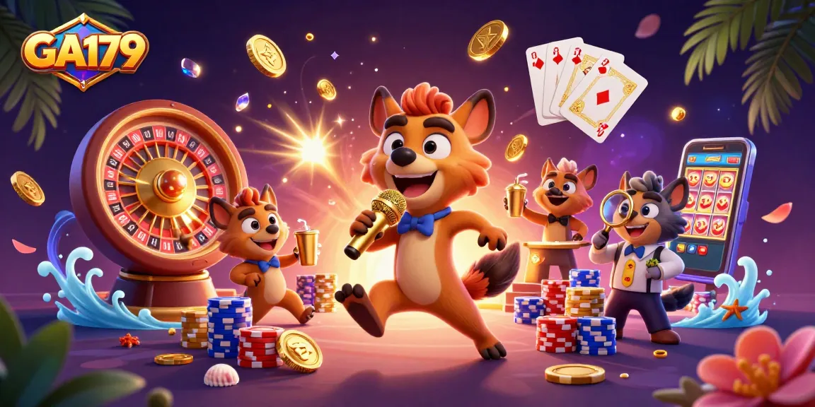 Experience GA179's vibrant comedy casino scene with lively hyenas, golden coins, and a dynamic atmosphere.