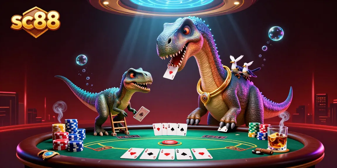 Engage in poker tournaments with SC88's vibrant casino scene featuring dinosaurs.