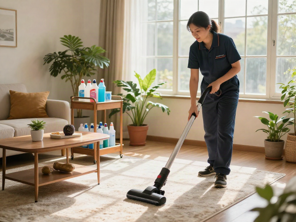 Professional cleaner vacuuming for a fresh home environment, slot 10k services highlighted