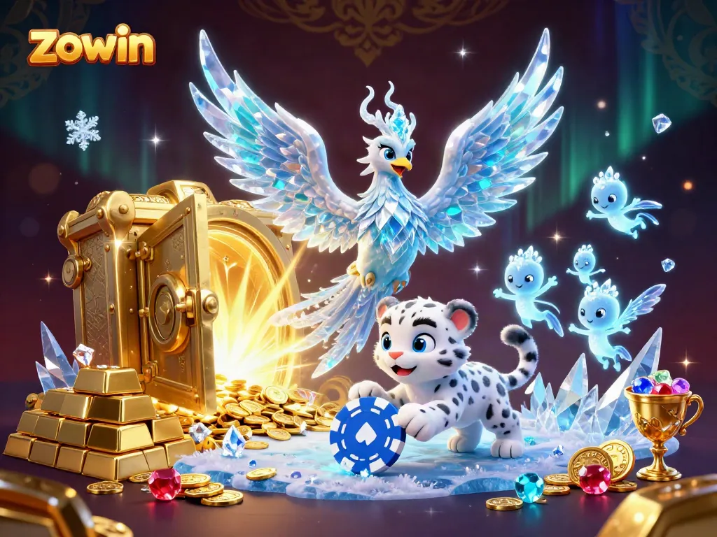 Experience the thrilling atmosphere of ZOWIN with an ice phoenix, sparkling jewels, and vibrant characters in a casino setting.