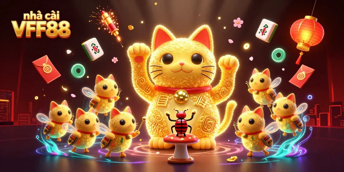 Experience the vibrant world of gambling with the dynamic scene featuring nhà cái VFF88's lucky cat illustration.