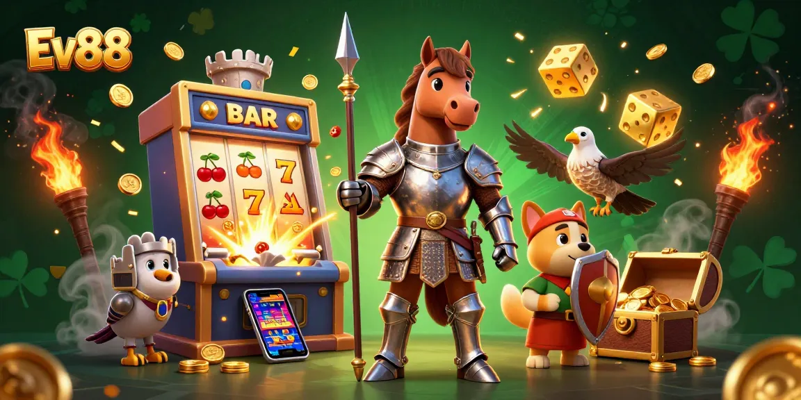 Experience exhilarating gaming with Ev88 at a colorful casino scene featuring knights and jackpot games.