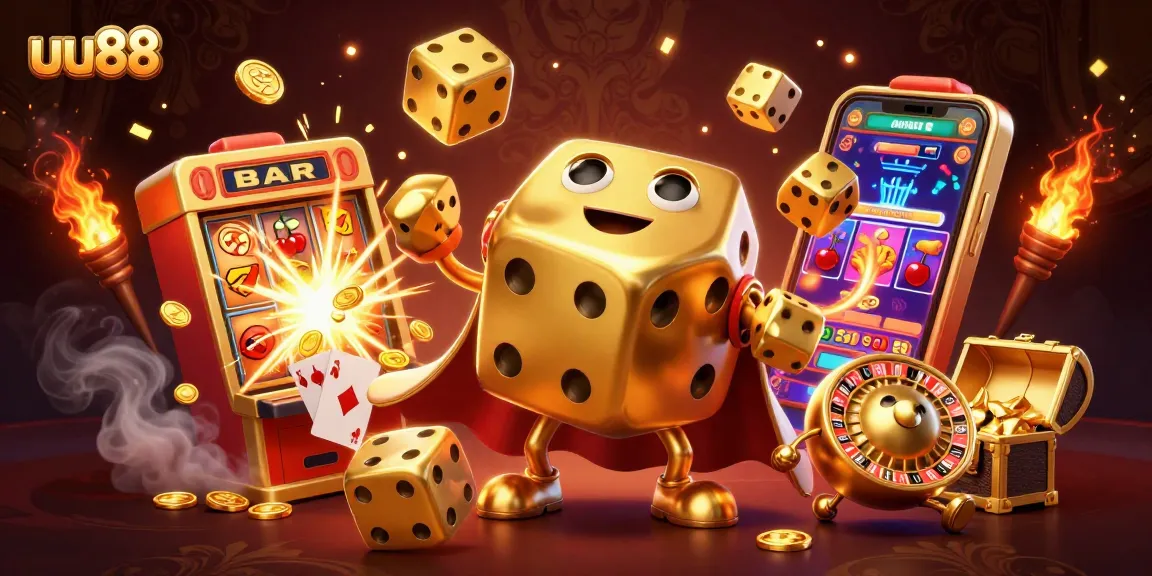 Engage with the excitement of uu88, featuring a whimsical casino scene with golden dice and vibrant slot elements.