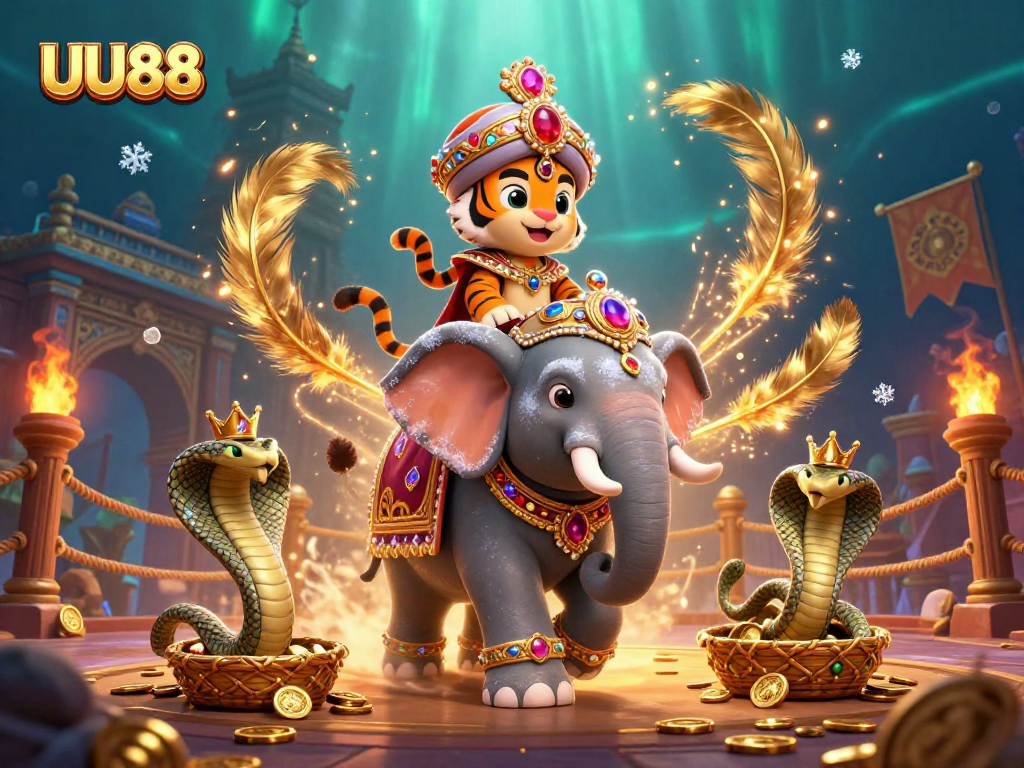 Experience immersive gaming at UU88 with a regal maharaja illustration amidst vibrant casino elements.