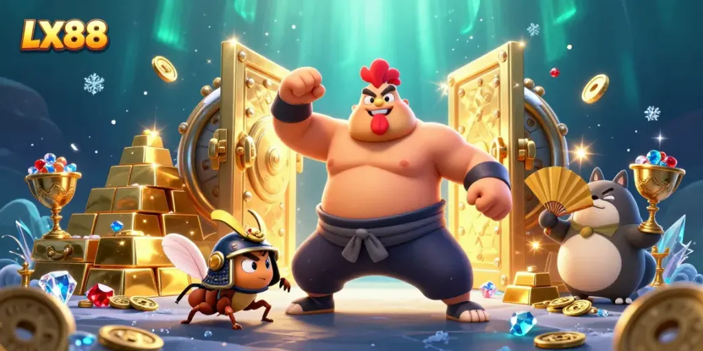 Experience the excitement of LX88 with a sumo rooster and samurai cricket in a vibrant casino scene.