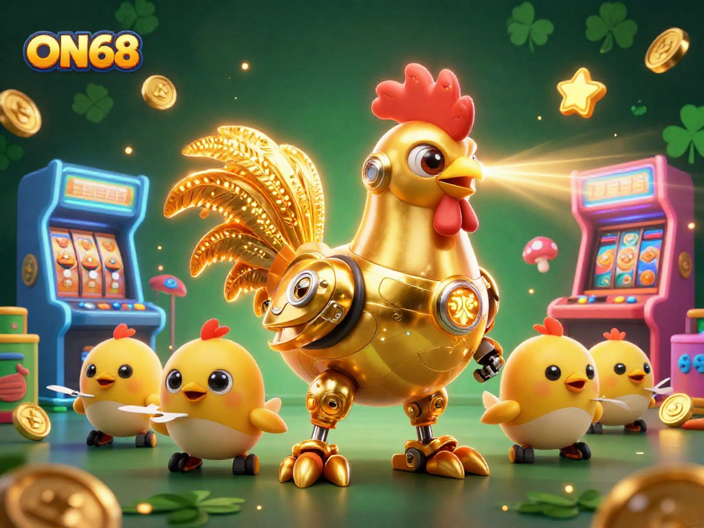 Experience the thrilling world of ON68 with vibrant 3D gaming and golden jackpots in a dynamic casino scene.