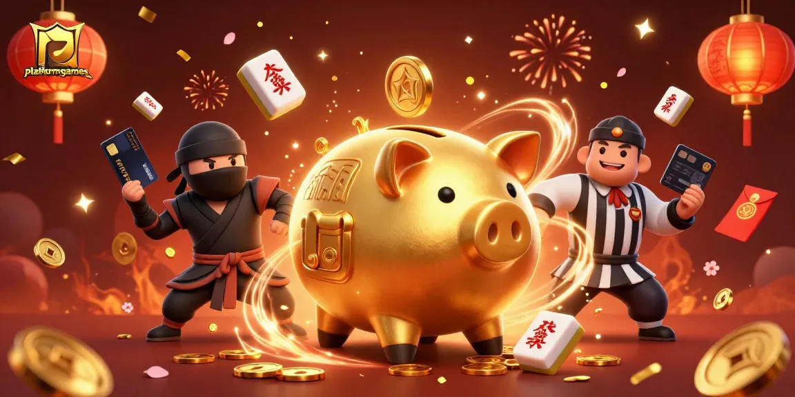 Join the excitement of platformgames with a dynamic illustration featuring a golden piggy bank and samurai!