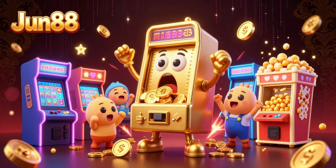 Experience Jun88’s winning designs with a thrilling scene of a jubilant slot machine celebrating a jackpot.
